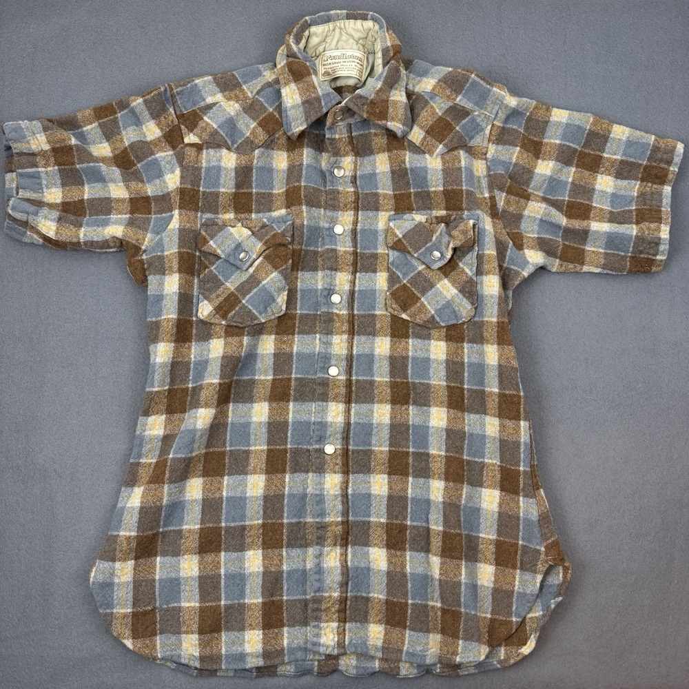 VTG PENDLETON Youth Boys Short Sleeve Pearl‎ Snap Wool Shirt - L